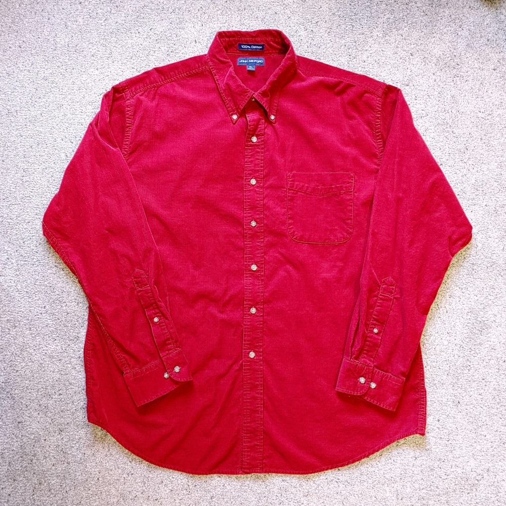 John Ashford Mens XL Red Corduroy Button Down Shirt Long Sleeve Cotton Pocket